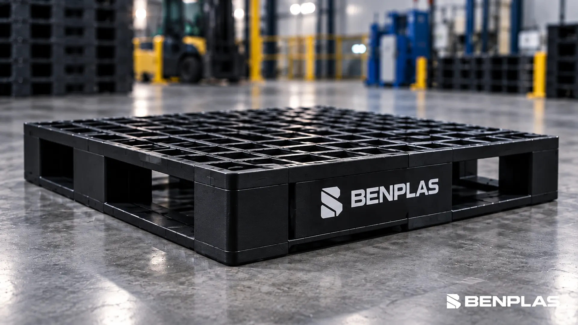 Pallet plástico preto BENPLAS no ambiente industrial