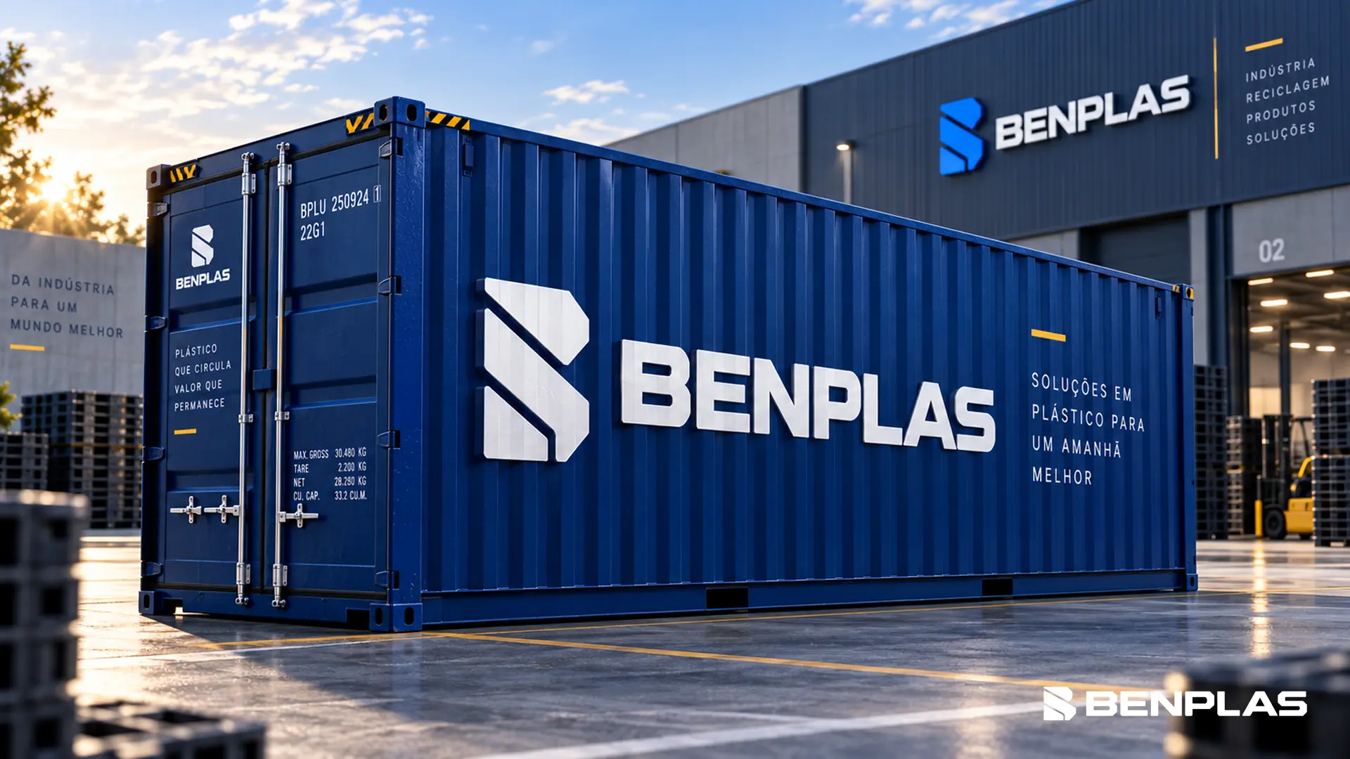 Contêiner BENPLAS em área de logística industrial