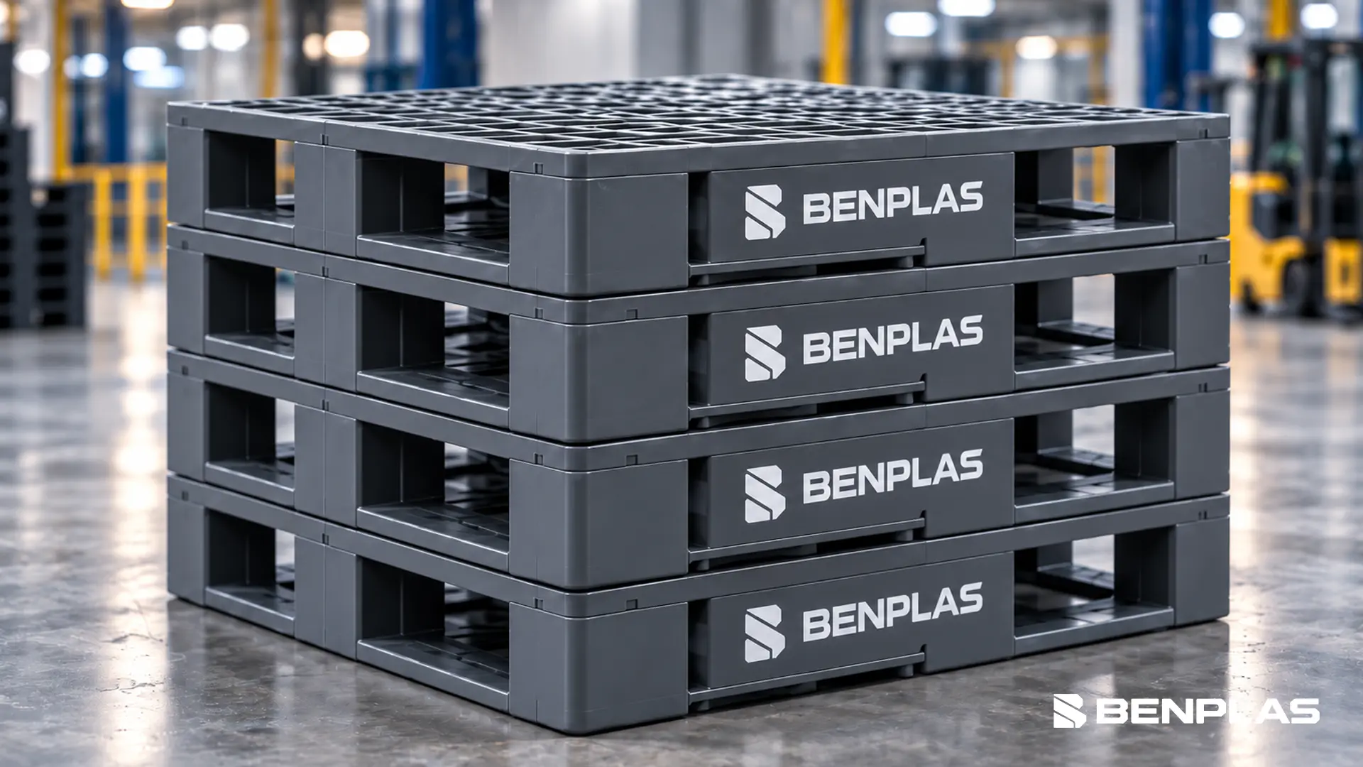 Pallets plásticos BENPLAS empilhados na fábrica